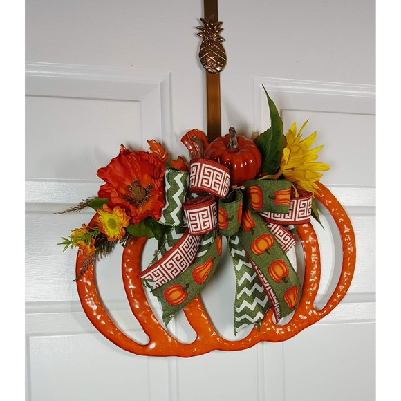 Orange Enamel Fall Pumpkin Wreath,‎ Fall Halloween Decor,  Sunflowers & Leaves - Picture 4 of 8